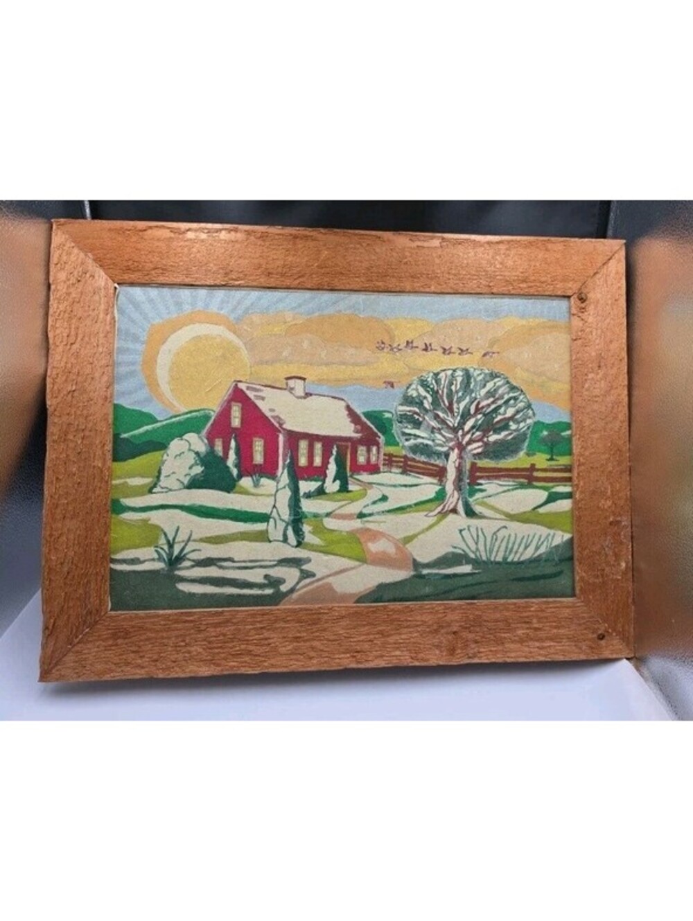 Vintage Fiber Textile Art Wall Hanging with Wooden Frame, Scenic Red House and L